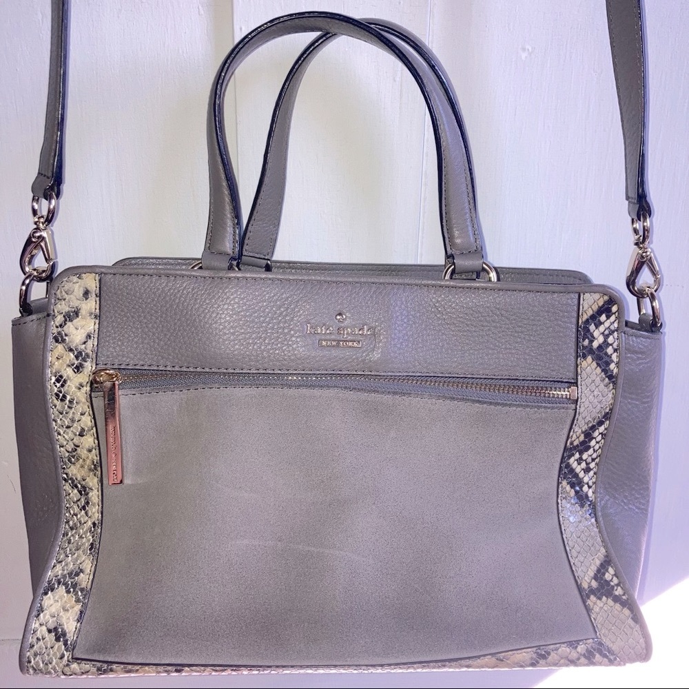 Kate Spade Gray Suede Leather Purse Snakeskin Pattern Large Bag